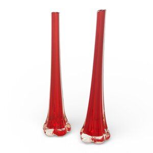 Vintage Red Blown Glass Bud Vases Art Glass Neck Stretch Floral Romantic Accents